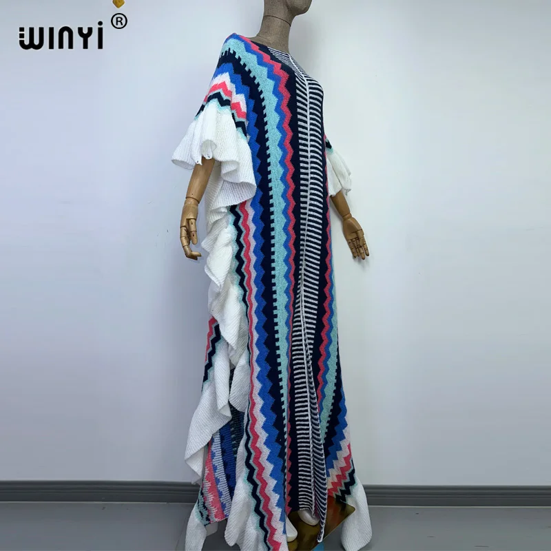WINYI 2022 NEW Knitting Rainbow Printing Comfort Warm Winter Fashion Holiday Dress Elegant Africa Women Boho Party Long Dress