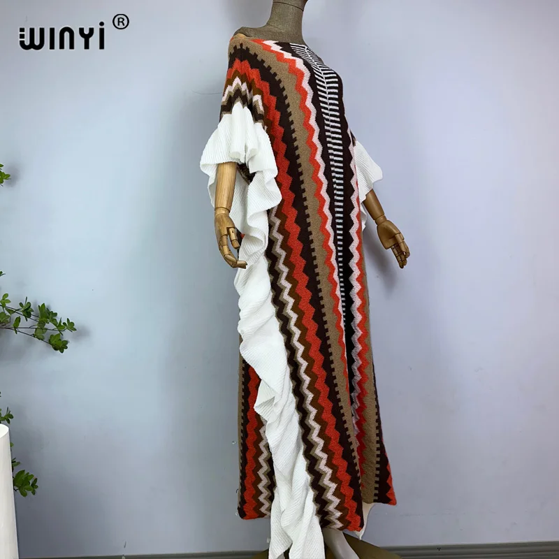 WINYI 2022 NEW Knitting Rainbow Printing Comfort Warm Winter Fashion Holiday Dress Elegant Africa Women Boho Party Long Dress