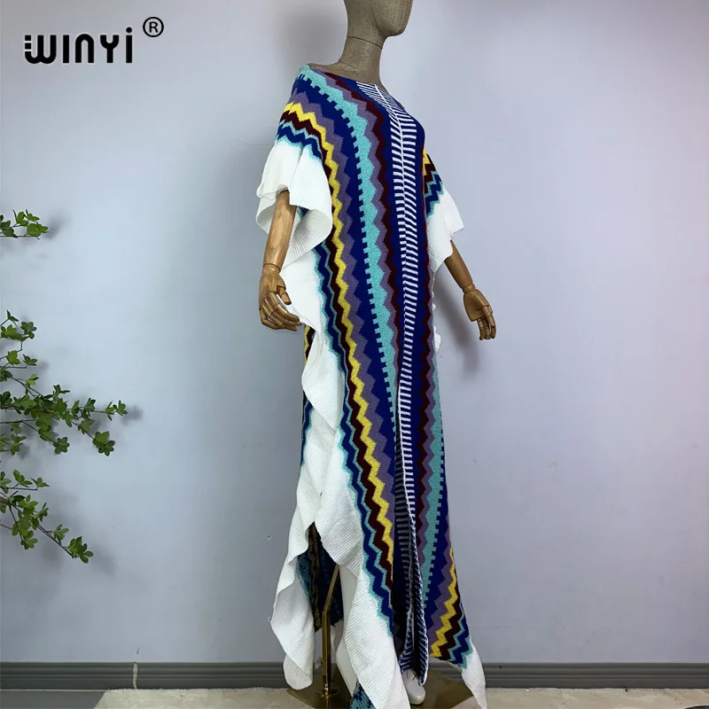 WINYI 2022 NEW Knitting Rainbow Printing Comfort Warm Winter Fashion Holiday Dress Elegant Africa Women Boho Party Long Dress