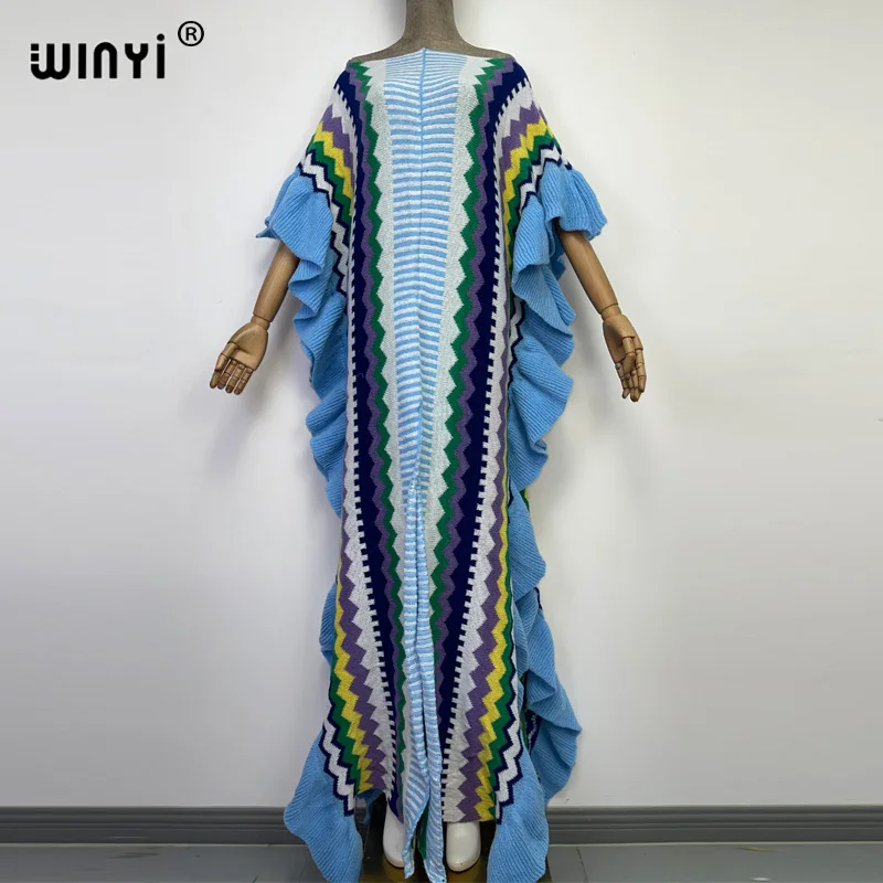 WINYI 2022 NEW Knitting Rainbow Printing Comfort Warm Winter Fashion Holiday Dress Elegant Africa Women Boho Party Long Dress