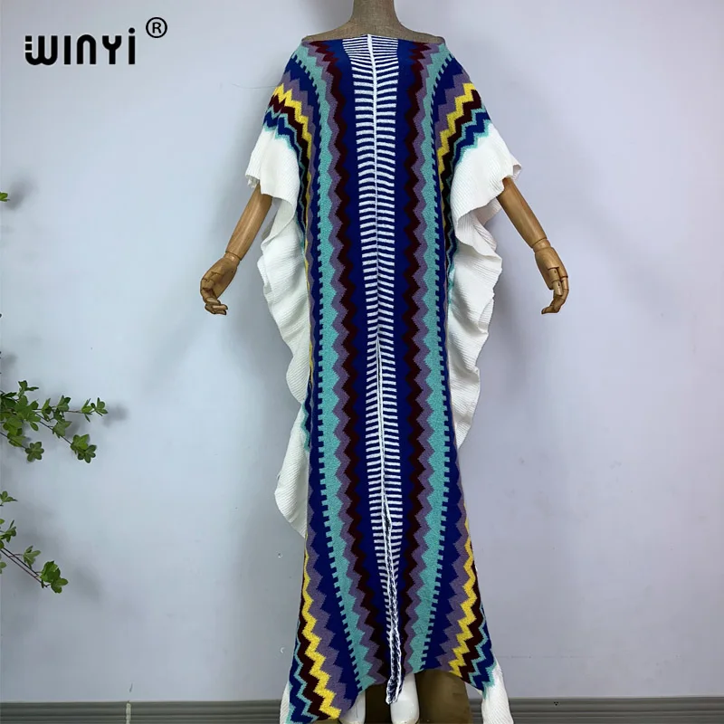 WINYI 2022 NEW Knitting Rainbow Printing Comfort Warm Winter Fashion Holiday Dress Elegant Africa Women Boho Party Long Dress