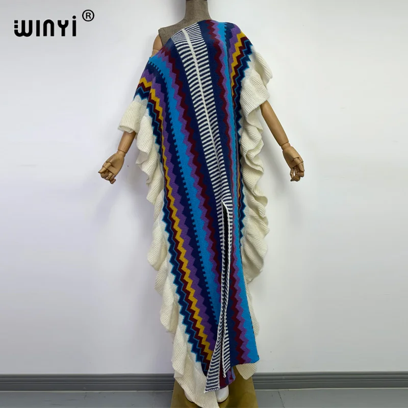 WINYI 2022 NEW Knitting Rainbow Printing Comfort Warm Winter Fashion Holiday Dress Elegant Africa Women Boho Party Long Dress