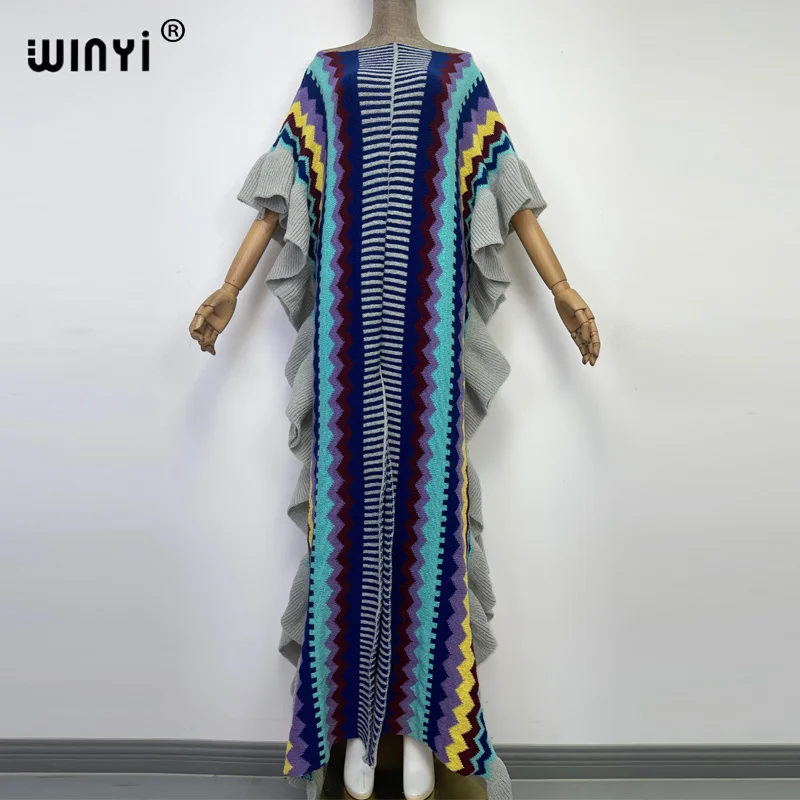 WINYI 2022 NEW Knitting Rainbow Printing Comfort Warm Winter Fashion Holiday Dress Elegant Africa Women Boho Party Long Dress