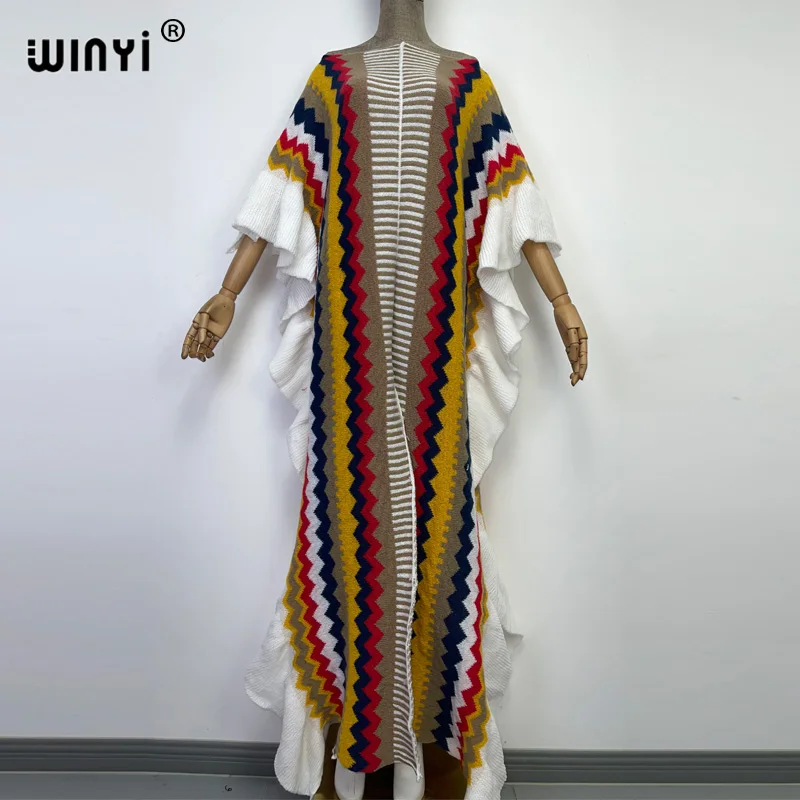 WINYI 2022 NEW Knitting Rainbow Printing Comfort Warm Winter Fashion Holiday Dress Elegant Africa Women Boho Party Long Dress