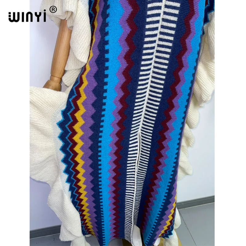 WINYI 2022 NEW Knitting Rainbow Printing Comfort Warm Winter Fashion Holiday Dress Elegant Africa Women Boho Party Long Dress