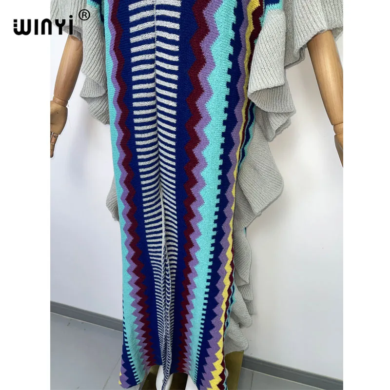 WINYI 2022 NEW Knitting Rainbow Printing Comfort Warm Winter Fashion Holiday Dress Elegant Africa Women Boho Party Long Dress