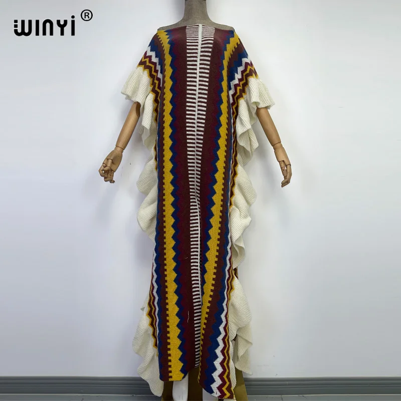 WINYI 2022 NEW Knitting Rainbow Printing Comfort Warm Winter Fashion Holiday Dress Elegant Africa Women Boho Party Long Dress