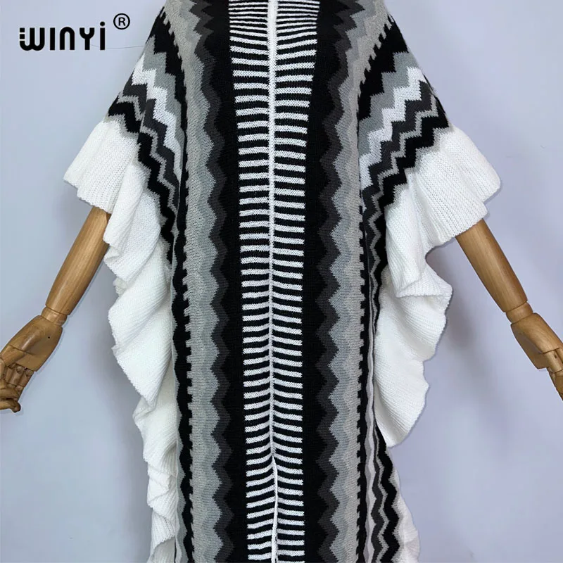 WINYI 2022 NEW Knitting Rainbow Printing Comfort Warm Winter Fashion Holiday Dress Elegant Africa Women Boho Party Long Dress
