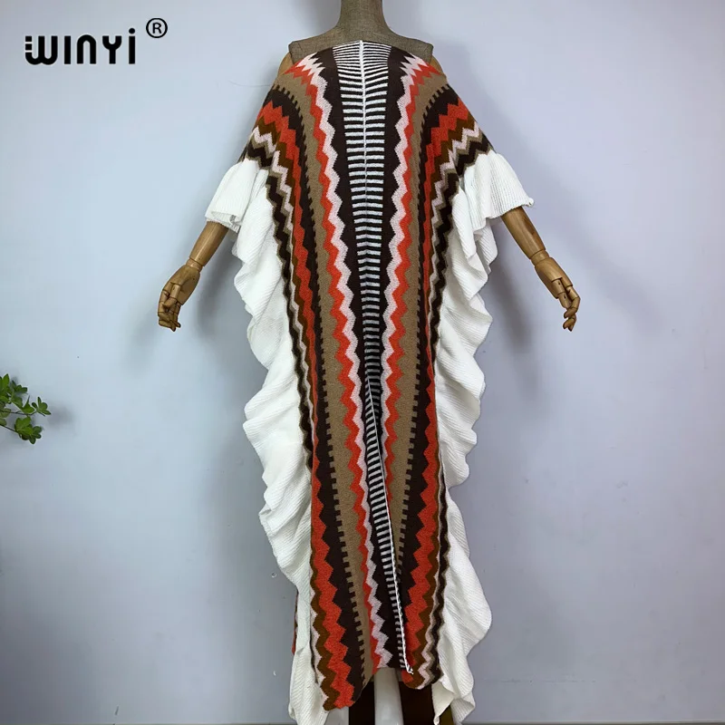 WINYI 2022 NEW Knitting Rainbow Printing Comfort Warm Winter Fashion Holiday Dress Elegant Africa Women Boho Party Long Dress