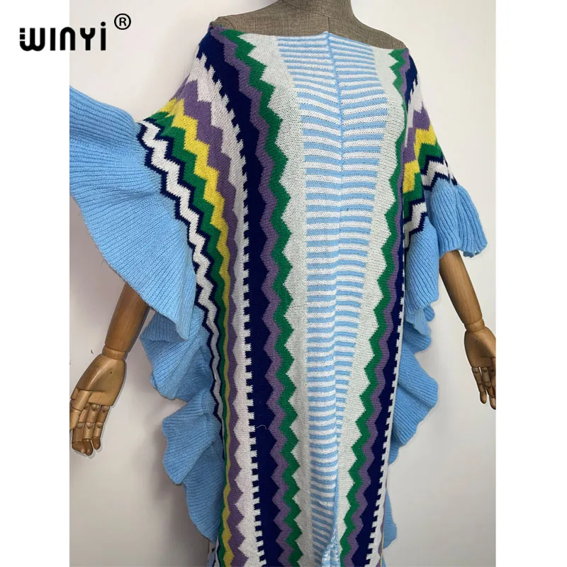 WINYI 2022 NEW Knitting Rainbow Printing Comfort Warm Winter Fashion Holiday Dress Elegant Africa Women Boho Party Long Dress