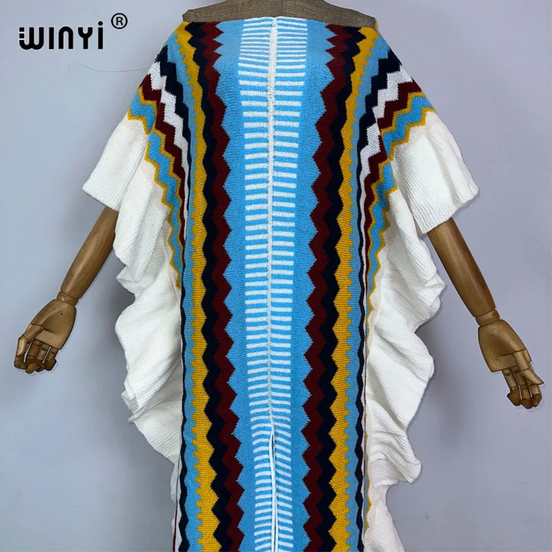 WINYI 2022 NEW Knitting Rainbow Printing Comfort Warm Winter Fashion Holiday Dress Elegant Africa Women Boho Party Long Dress