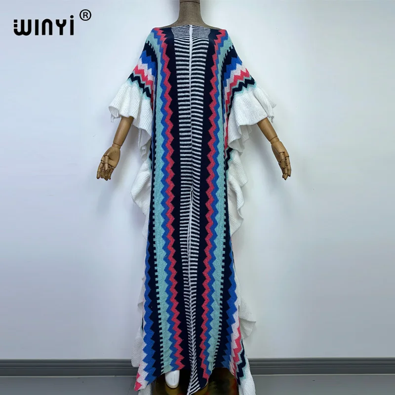 WINYI 2022 NEW Knitting Rainbow Printing Comfort Warm Winter Fashion Holiday Dress Elegant Africa Women Boho Party Long Dress