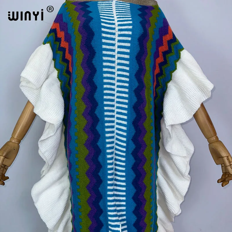 WINYI 2022 NEW Knitting Rainbow Printing Comfort Warm Winter Fashion Holiday Dress Elegant Africa Women Boho Party Long Dress