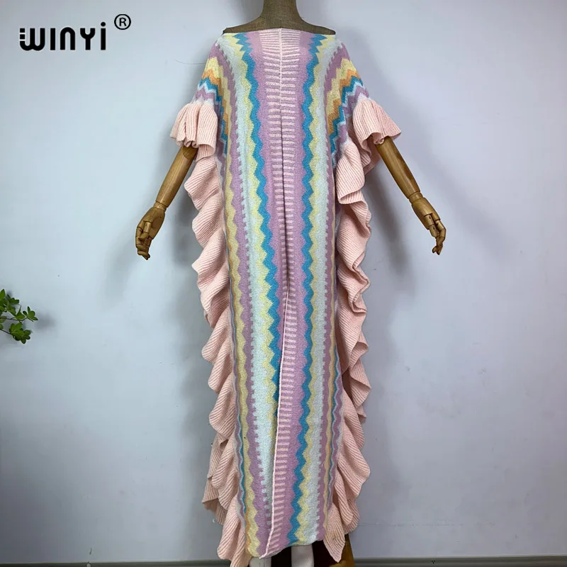 WINYI 2022 NEW Knitting Rainbow Printing Comfort Warm Winter Fashion Holiday Dress Elegant Africa Women Boho Party Long Dress