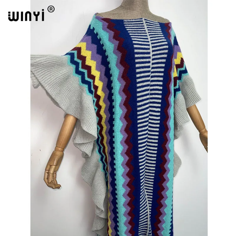 WINYI 2022 NEW Knitting Rainbow Printing Comfort Warm Winter Fashion Holiday Dress Elegant Africa Women Boho Party Long Dress