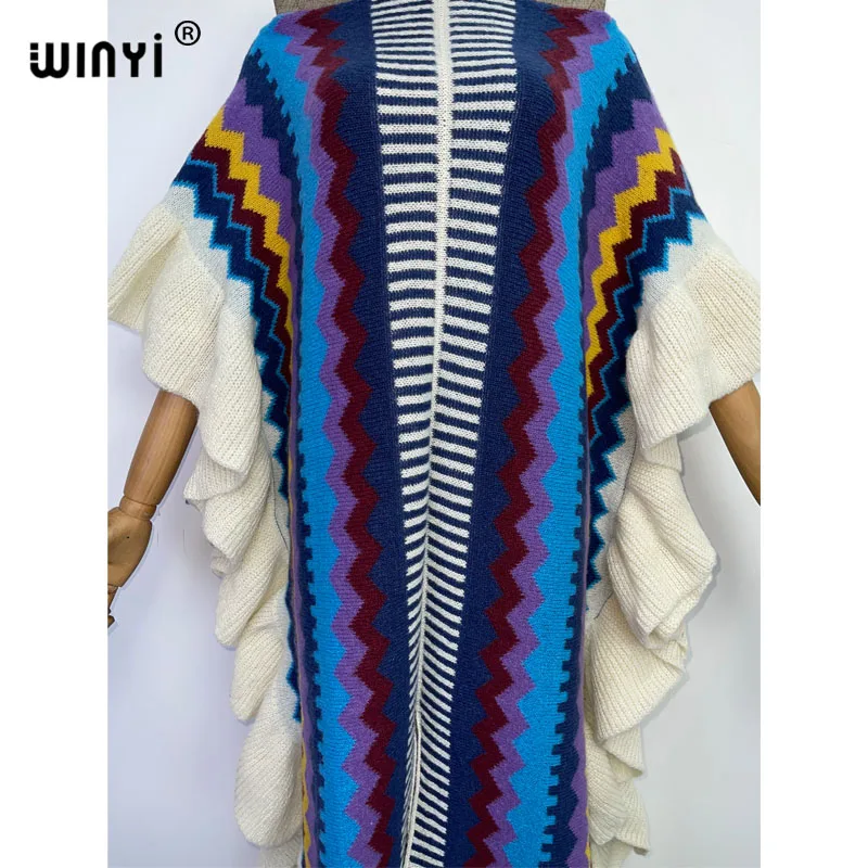 WINYI 2022 NEW Knitting Rainbow Printing Comfort Warm Winter Fashion Holiday Dress Elegant Africa Women Boho Party Long Dress