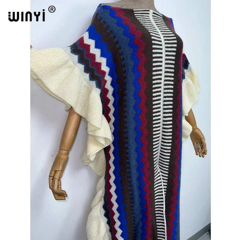 WINYI 2022 NEW Knitting Rainbow Printing Comfort Warm Winter Fashion Holiday Dress Elegant Africa Women Boho Party Long Dress