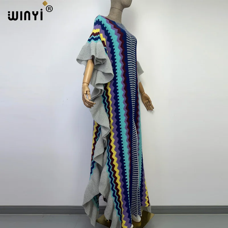 WINYI 2022 NEW Knitting Rainbow Printing Comfort Warm Winter Fashion Holiday Dress Elegant Africa Women Boho Party Long Dress