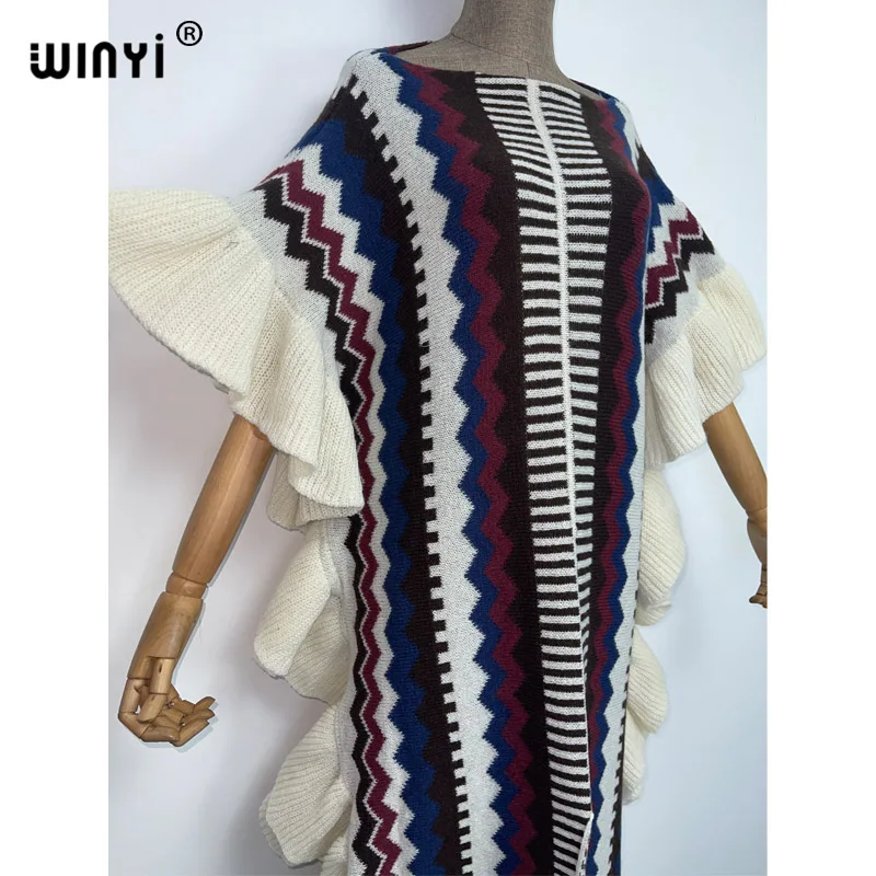 WINYI 2022 NEW Knitting Rainbow Printing Comfort Warm Winter Fashion Holiday Dress Elegant Africa Women Boho Party Long Dress