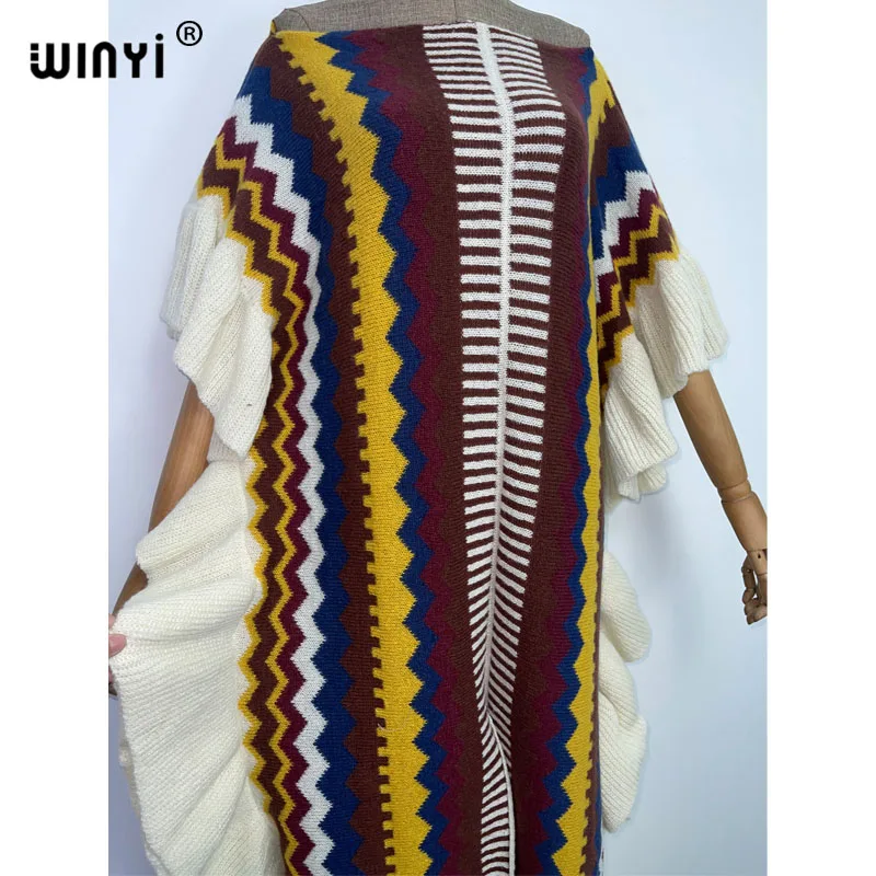 WINYI 2022 NEW Knitting Rainbow Printing Comfort Warm Winter Fashion Holiday Dress Elegant Africa Women Boho Party Long Dress