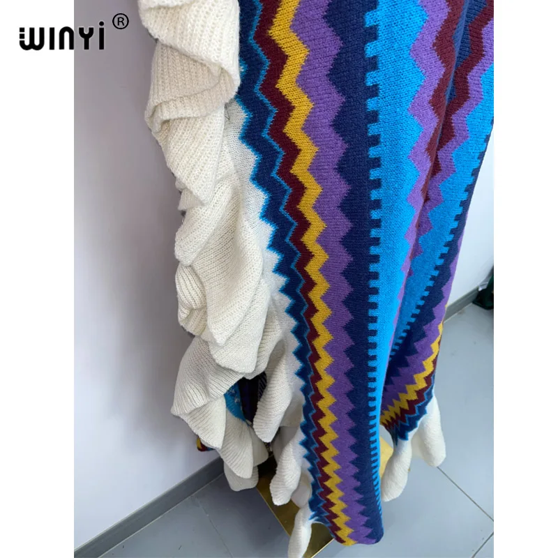 WINYI 2022 NEW Knitting Rainbow Printing Comfort Warm Winter Fashion Holiday Dress Elegant Africa Women Boho Party Long Dress