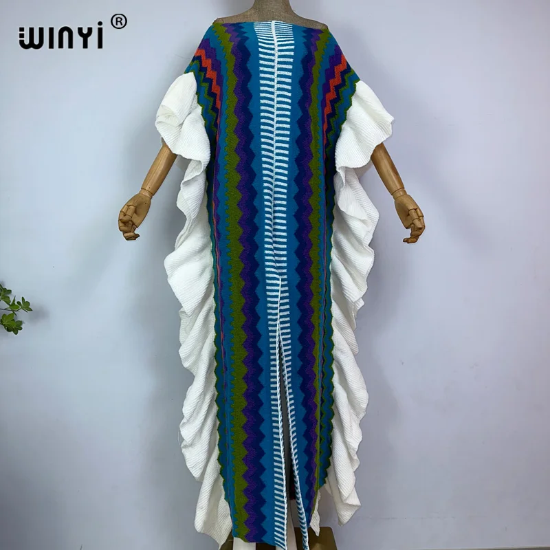 WINYI 2022 NEW Knitting Rainbow Printing Comfort Warm Winter Fashion Holiday Dress Elegant Africa Women Boho Party Long Dress