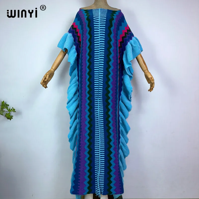 WINYI 2022 NEW Knitting Rainbow Printing Comfort Warm Winter Fashion Holiday Dress Elegant Africa Women Boho Party Long Dress