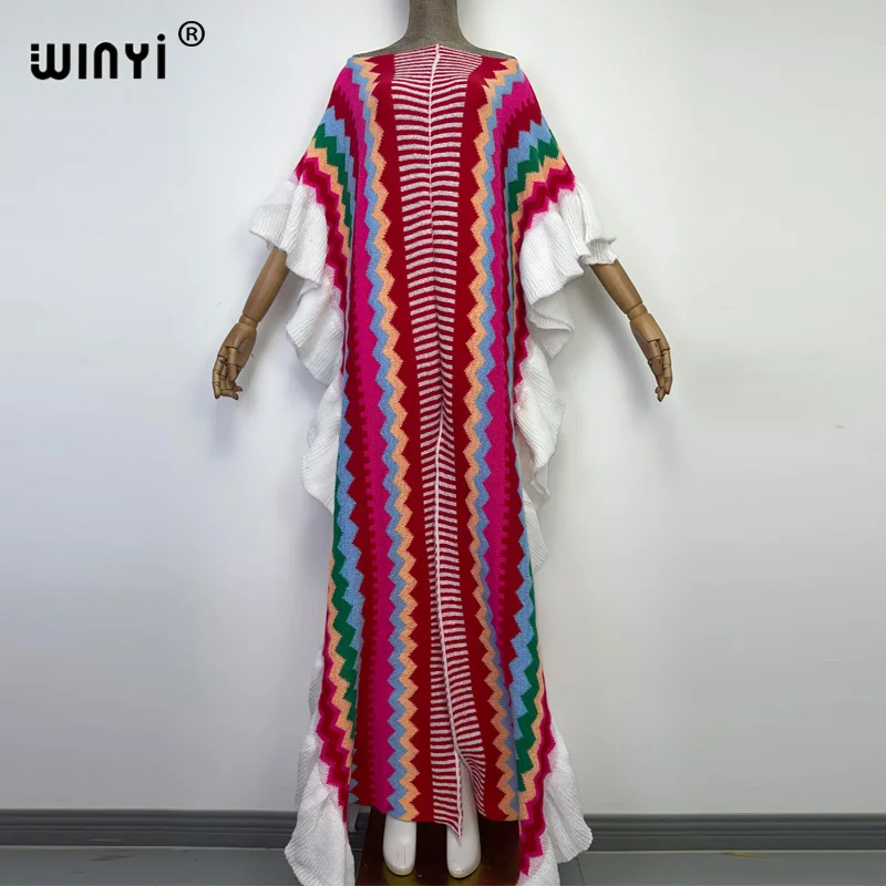 WINYI 2022 NEW Knitting Rainbow Printing Comfort Warm Winter Fashion Holiday Dress Elegant Africa Women Boho Party Long Dress