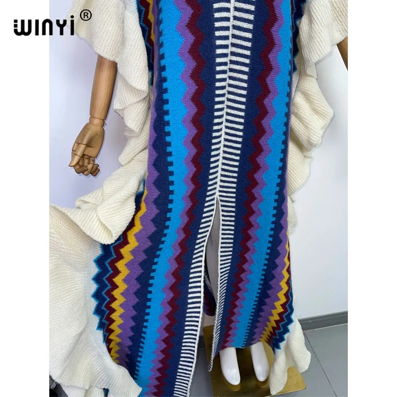 WINYI 2022 NEW Knitting Rainbow Printing Comfort Warm Winter Fashion Holiday Dress Elegant Africa Women Boho Party Long Dress