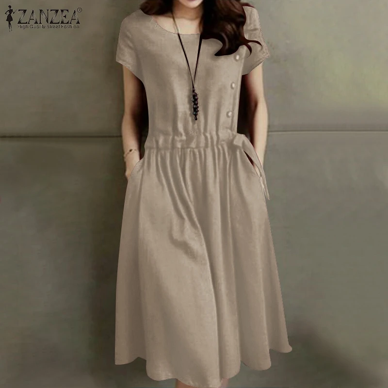 ZANZEA Summer Vintage Cotton Dress Women Short Sleeve Solid Drawstring Waist Sundress Fashion Casual Knee-length Vestidos Kaftan