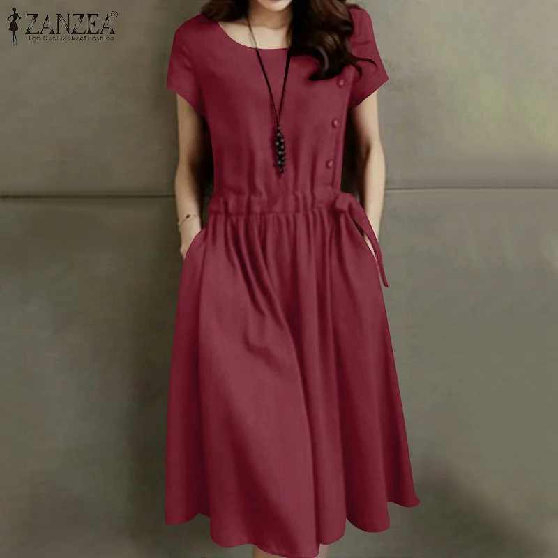 ZANZEA Summer Vintage Cotton Dress Women Short Sleeve Solid Drawstring Waist Sundress Fashion Casual Knee-length Vestidos Kaftan