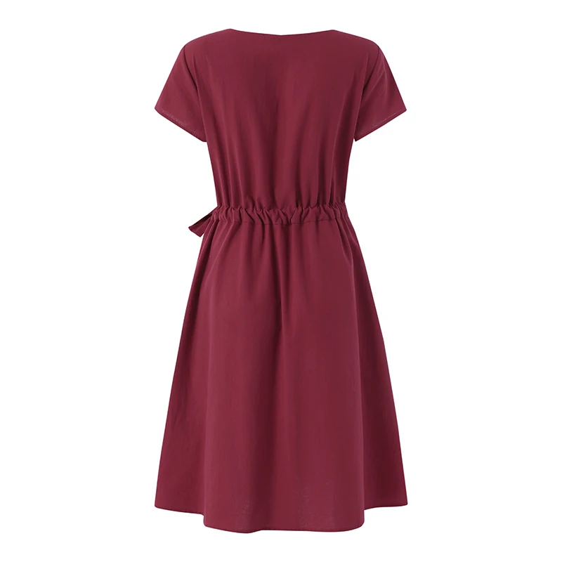 ZANZEA Summer Vintage Cotton Dress Women Short Sleeve Solid Drawstring Waist Sundress Fashion Casual Knee-length Vestidos Kaftan