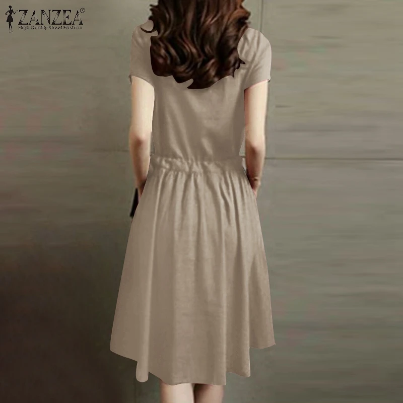 ZANZEA Summer Vintage Cotton Dress Women Short Sleeve Solid Drawstring Waist Sundress Fashion Casual Knee-length Vestidos Kaftan