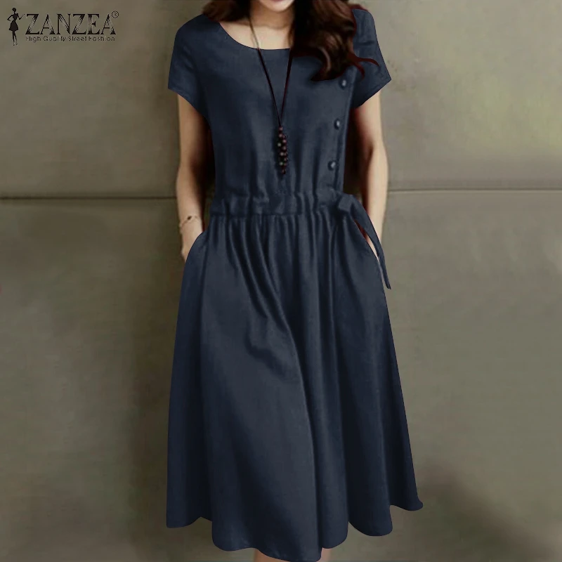 ZANZEA Summer Vintage Cotton Dress Women Short Sleeve Solid Drawstring Waist Sundress Fashion Casual Knee-length Vestidos Kaftan