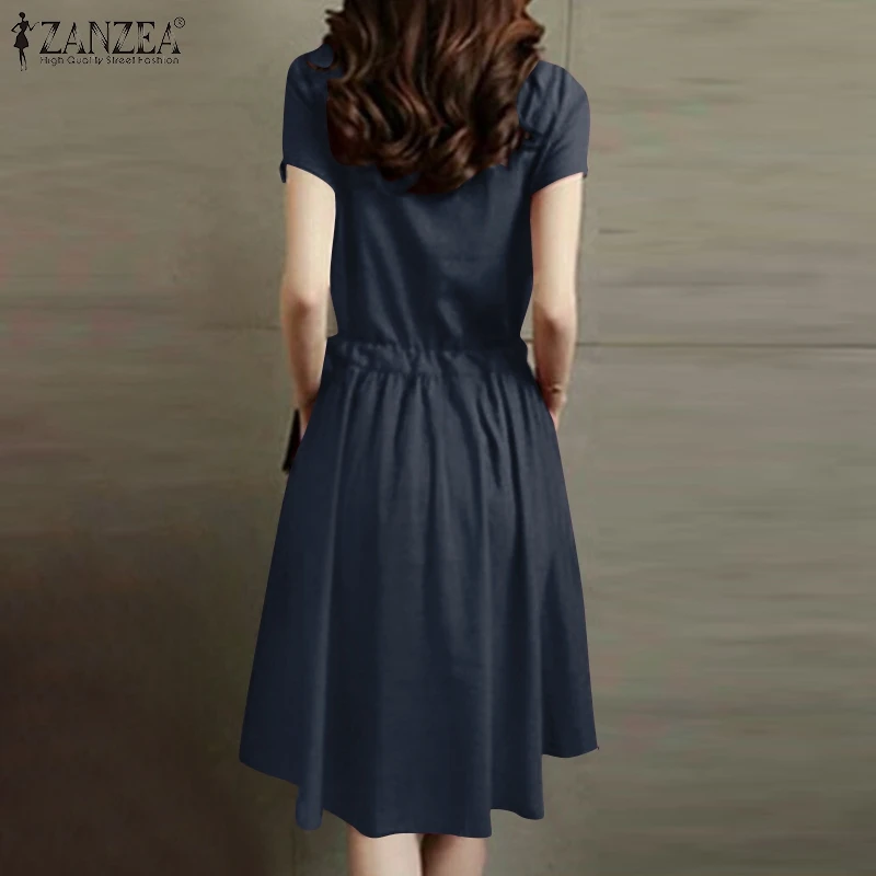 ZANZEA Summer Vintage Cotton Dress Women Short Sleeve Solid Drawstring Waist Sundress Fashion Casual Knee-length Vestidos Kaftan