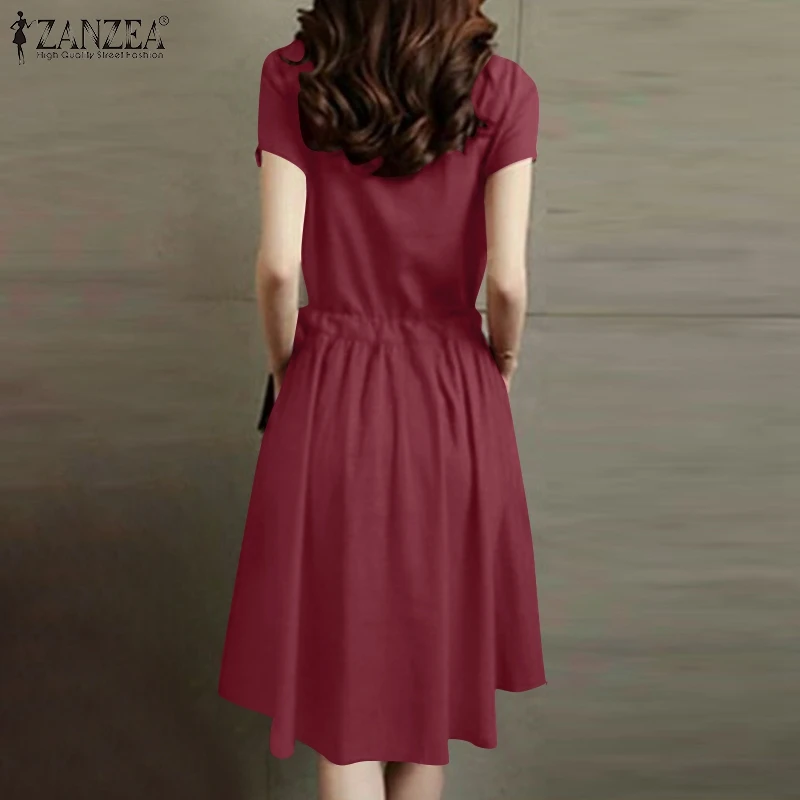 ZANZEA Summer Vintage Cotton Dress Women Short Sleeve Solid Drawstring Waist Sundress Fashion Casual Knee-length Vestidos Kaftan