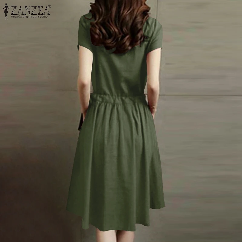 ZANZEA Summer Vintage Cotton Dress Women Short Sleeve Solid Drawstring Waist Sundress Fashion Casual Knee-length Vestidos Kaftan
