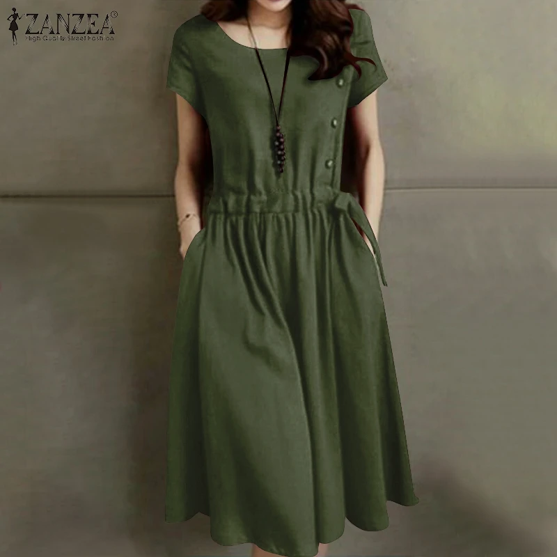 ZANZEA Summer Vintage Cotton Dress Women Short Sleeve Solid Drawstring Waist Sundress Fashion Casual Knee-length Vestidos Kaftan