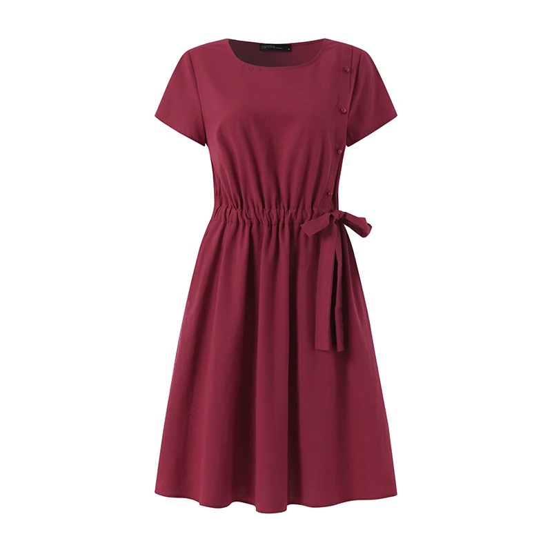 ZANZEA Summer Vintage Cotton Dress Women Short Sleeve Solid Drawstring Waist Sundress Fashion Casual Knee-length Vestidos Kaftan