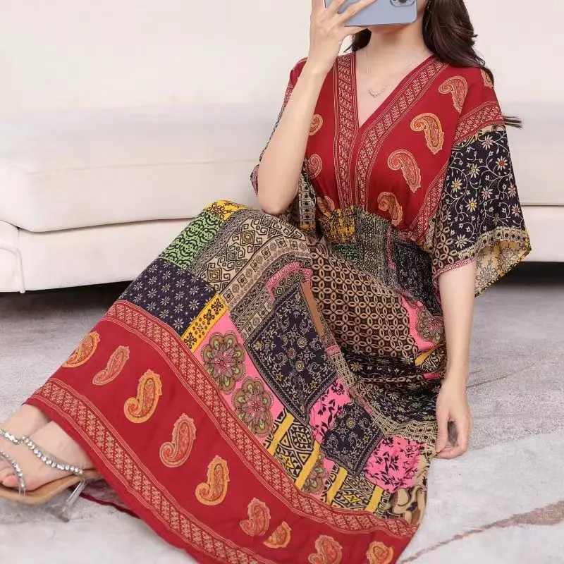 Vestidos Para Mujer Rope Robe Dress Women Casual Elegant Retro Bohemian V Neck Boho Korean Printed Summer Long Dresses Clothes
