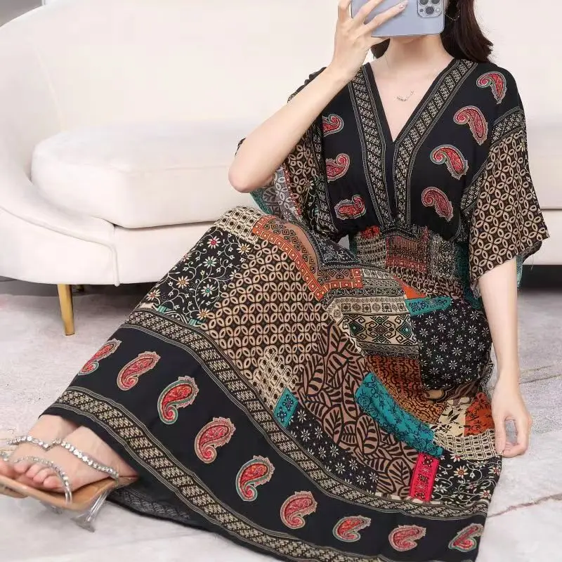 Vestidos Para Mujer Rope Robe Dress Women Casual Elegant Retro Bohemian V Neck Boho Korean Printed Summer Long Dresses Clothes