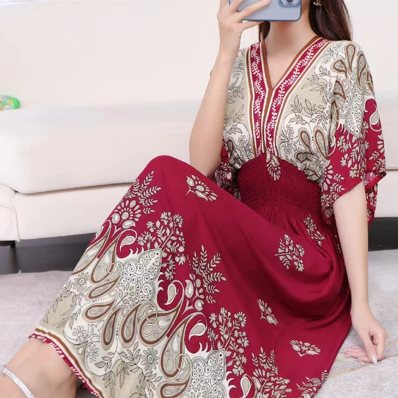 Vestidos Para Mujer Rope Robe Dress Women Casual Elegant Retro Bohemian V Neck Boho Korean Printed Summer Long Dresses Clothes