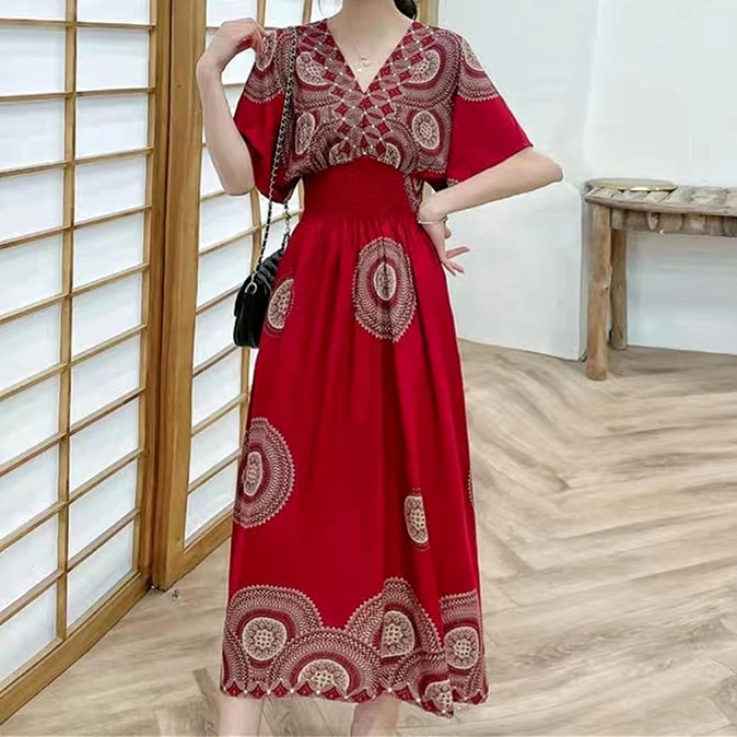 Vestidos Para Mujer Rope Robe Dress Women Casual Elegant Retro Bohemian V Neck Boho Korean Printed Summer Long Dresses Clothes