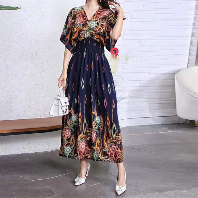 Vestidos Para Mujer Rope Robe Dress Women Casual Elegant Retro Bohemian V Neck Boho Korean Printed Summer Long Dresses Clothes
