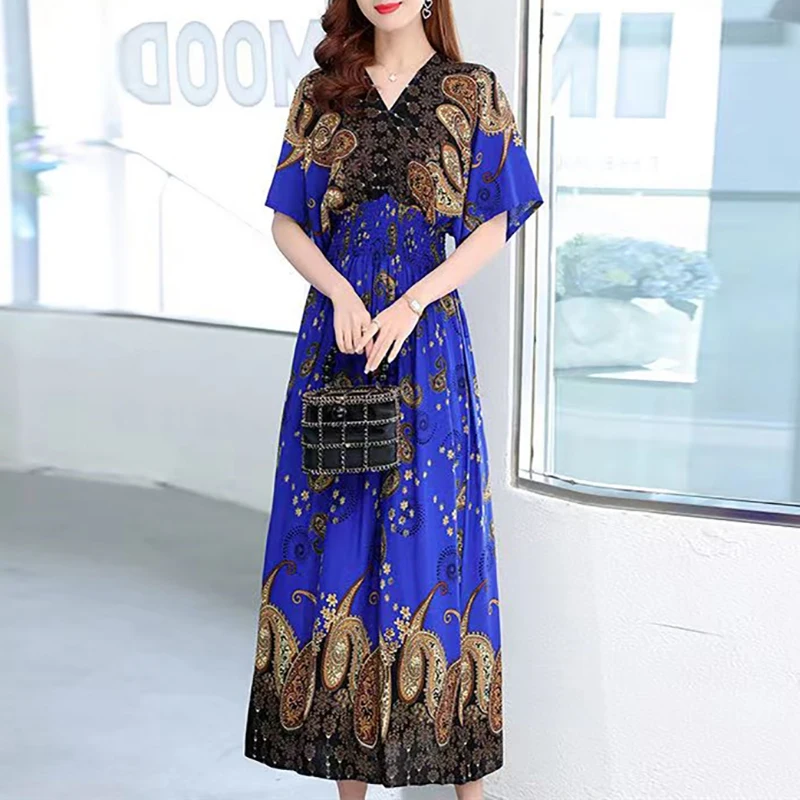Vestidos Para Mujer Rope Robe Dress Women Casual Elegant Retro Bohemian V Neck Boho Korean Printed Summer Long Dresses Clothes