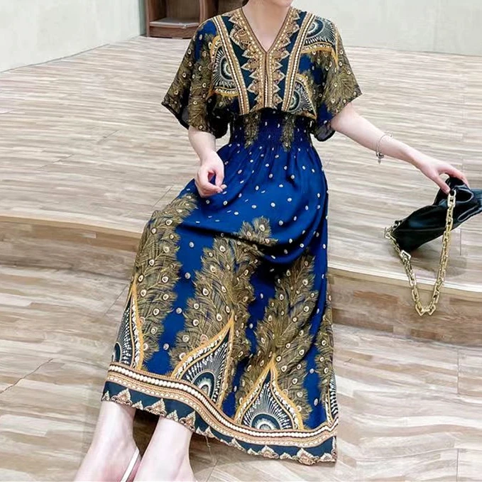 Vestidos Para Mujer Rope Robe Dress Women Casual Elegant Retro Bohemian V Neck Boho Korean Printed Summer Long Dresses Clothes