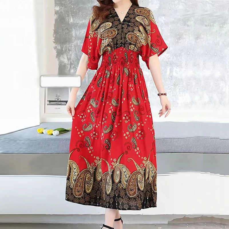 Vestidos Para Mujer Rope Robe Dress Women Casual Elegant Retro Bohemian V Neck Boho Korean Printed Summer Long Dresses Clothes