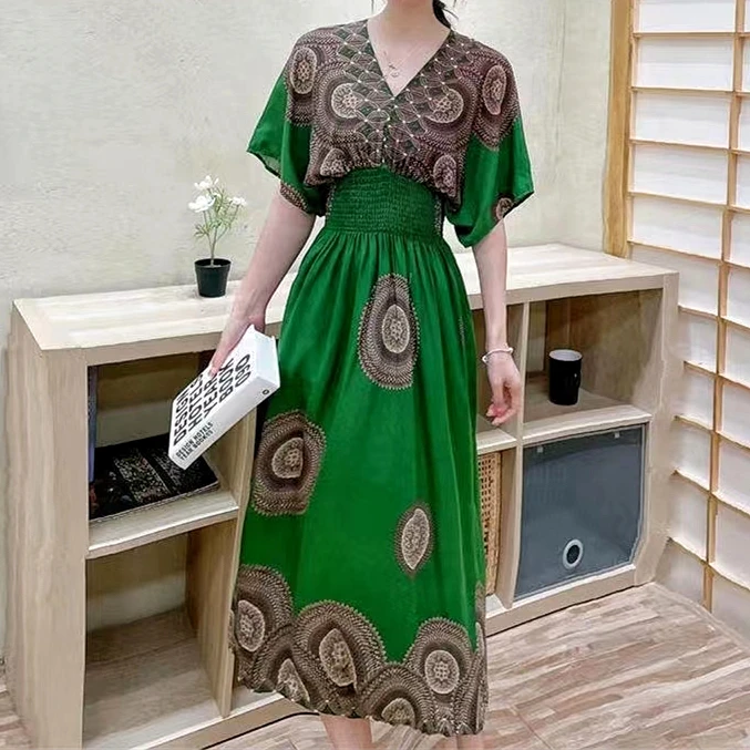 Vestidos Para Mujer Rope Robe Dress Women Casual Elegant Retro Bohemian V Neck Boho Korean Printed Summer Long Dresses Clothes