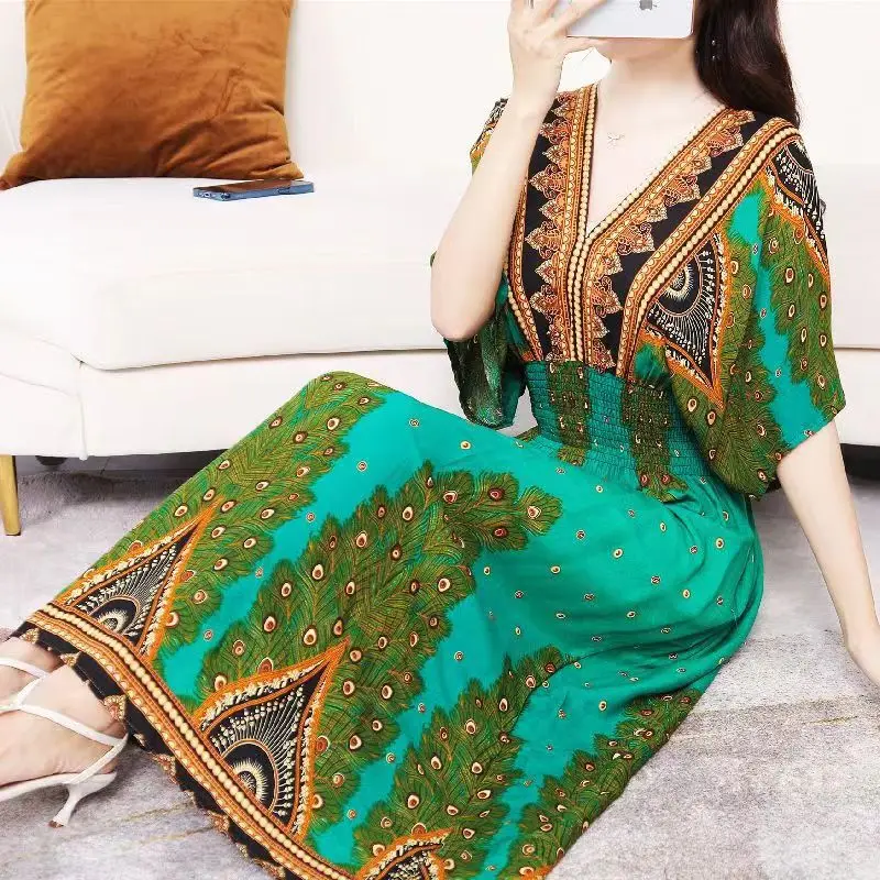 Vestidos Para Mujer Rope Robe Dress Women Casual Elegant Retro Bohemian V Neck Boho Korean Printed Summer Long Dresses Clothes