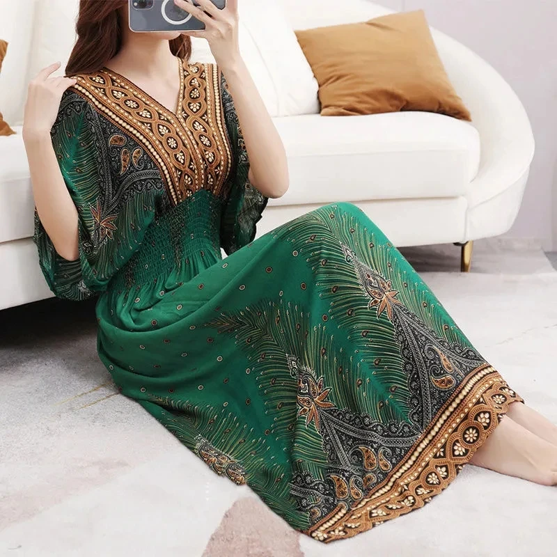 Vestidos Para Mujer Rope Robe Dress Women Casual Elegant Retro Bohemian V Neck Boho Korean Printed Summer Long Dresses Clothes